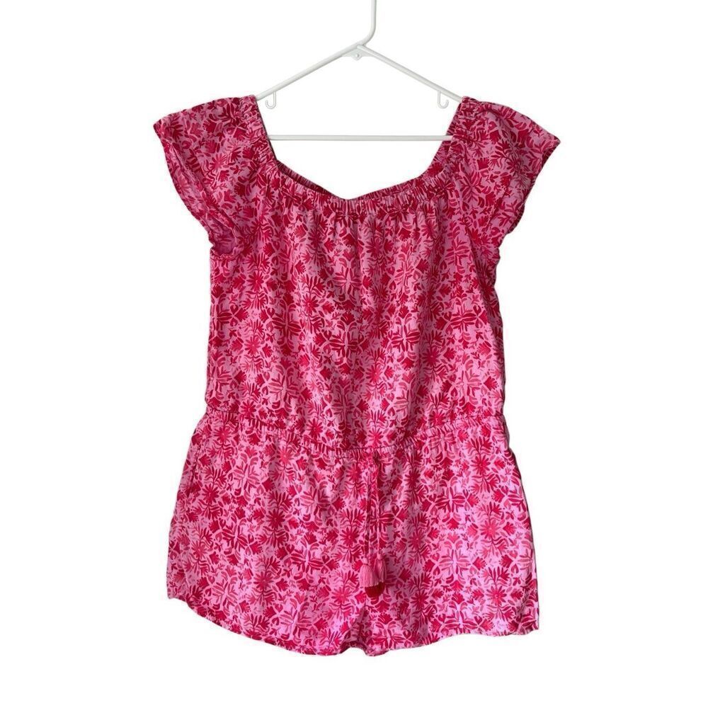 Vineyard Vines Tile Otomi Off Shoulder Romper size XL Linen Bland‎ Pink Red